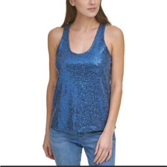 DKNY Blue Sequin Embellished Tank - Picture 1 of 7